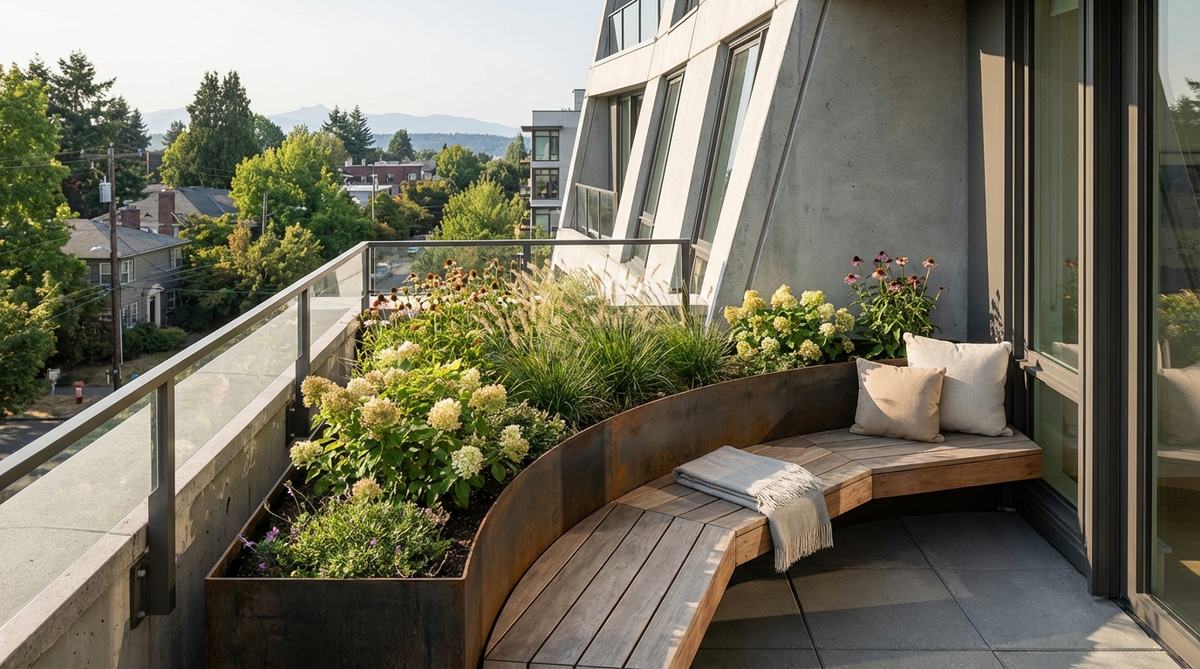 A curved corner border planter on a balcony, showcasing gentle arcs that soften hard geometry and provide additional planting surface. The design contrasts with angular architecture and can be combined with built-in seating to create intimate garden nooks.