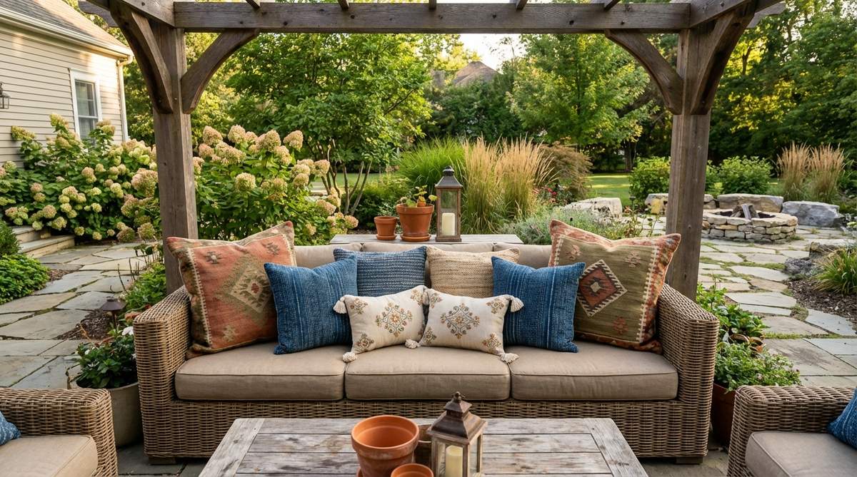 A boho-style sofa with clustered cushions in varying sizes, shapes, and patterns, arranged with largest cushions at back corners, medium sizes in front, and small decorative pillows at center, showcasing textile collections and creating inviting nesting spots.