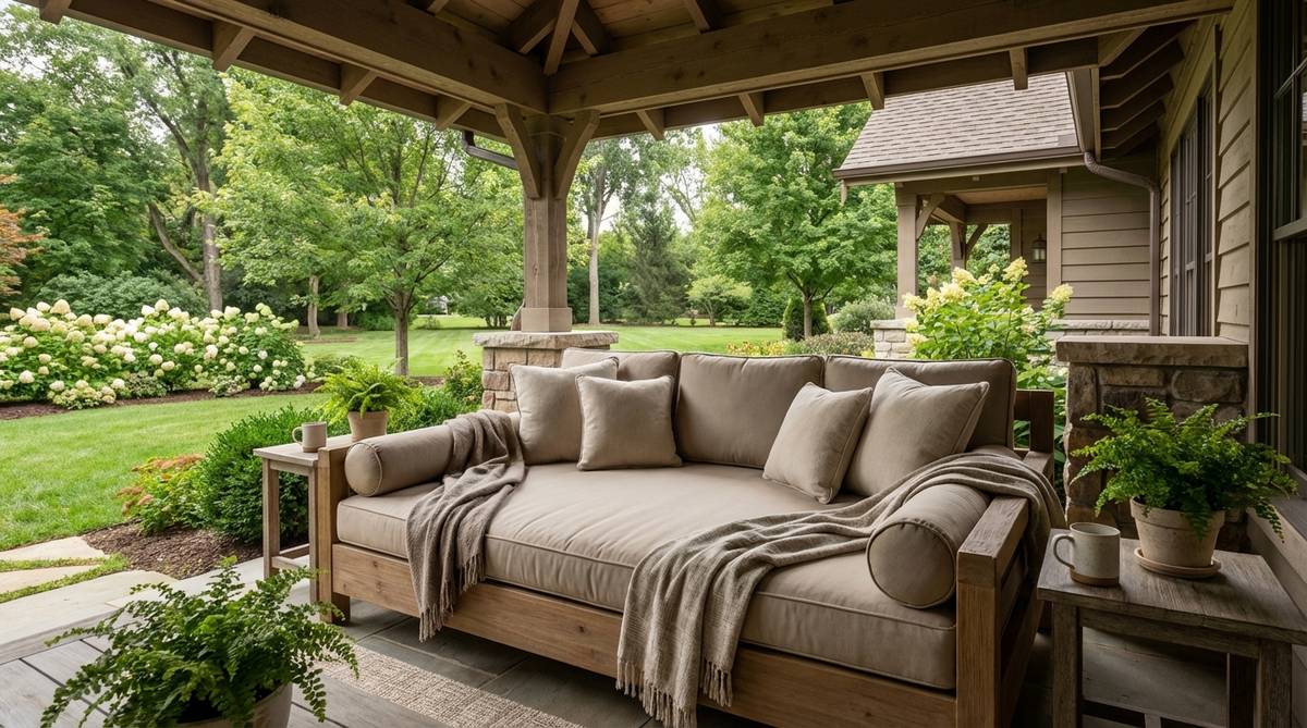 A cozy outdoor daybed lounger on a covered porch, featuring deep cushions and quick-dry foam for comfort and mildew resistance, perfect for creating a relaxing napping retreat.