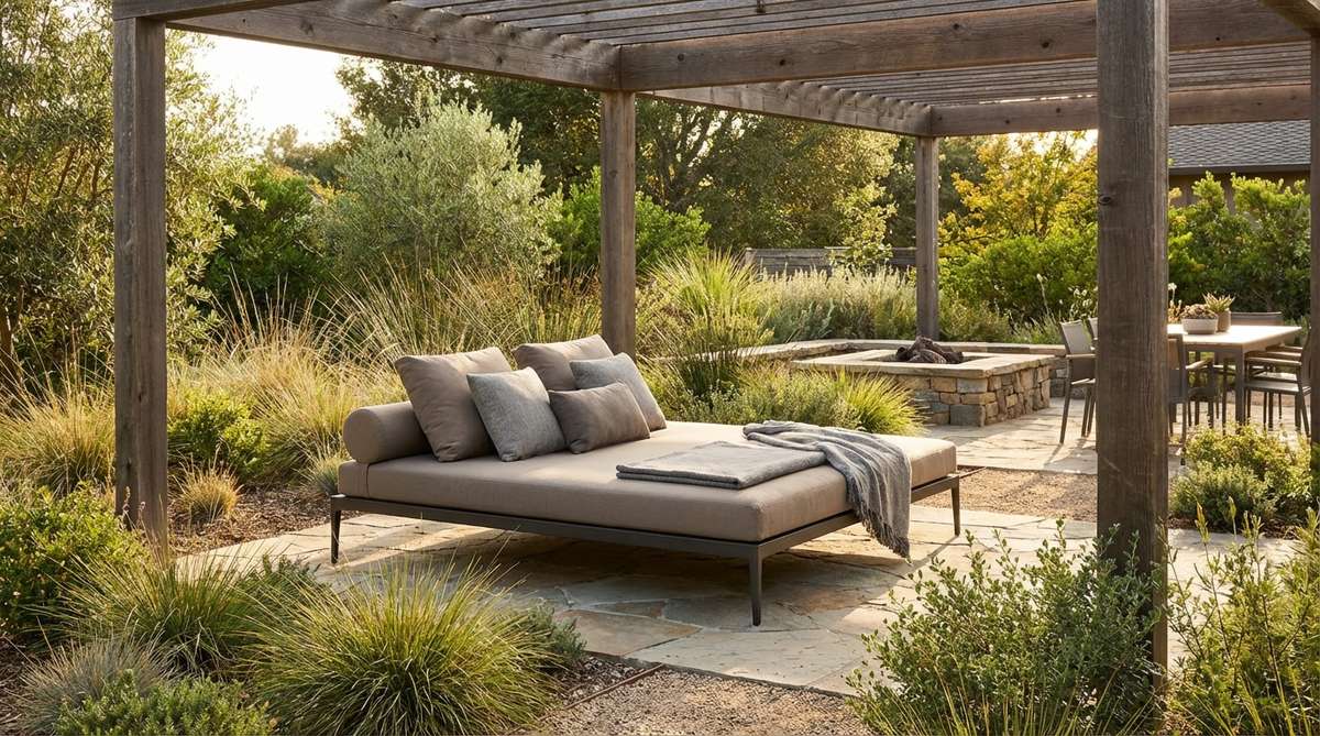 A minimalist daybed platform with a slim base, creating a floating visual effect in a garden setting. It features weather-resistant cushions in neutral colors, designed for lounging and conversation, positioned under a pergola to define a relaxation zone.
