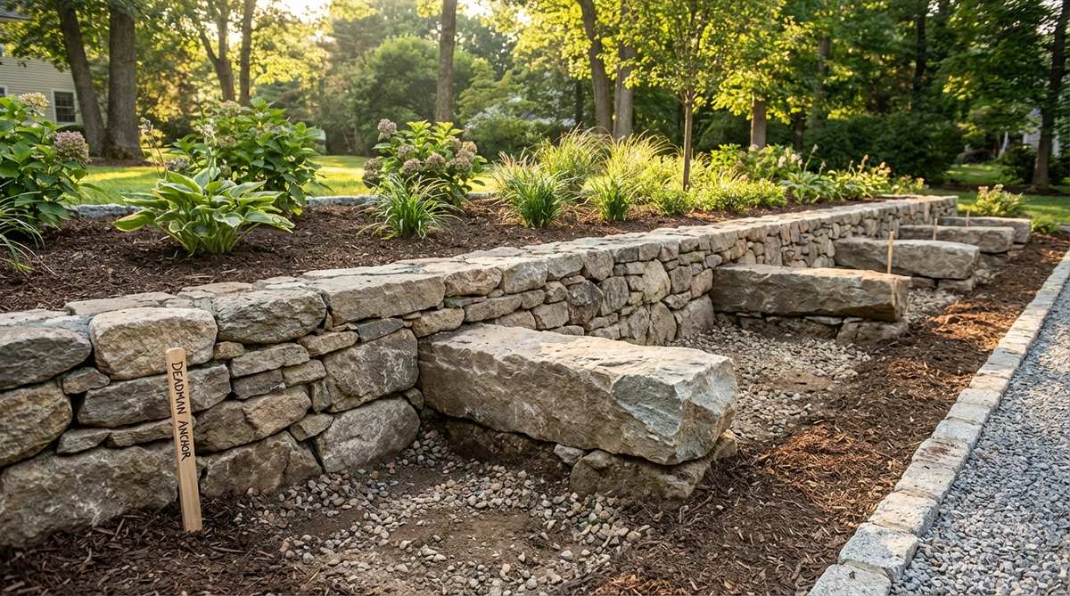 Illustration showing how deadman stones are positioned perpendicular to a raised bed garden wall face, projecting deep into backfill to anchor the structure against lateral soil pressure. The diagram highlights anchor stones placed every 4-6 feet along the wall length, with backfill burying the projecting portions to create mechanical locks that prevent wall rotation. This traditional dry-stacking technique allows walls exceeding 24 inches in height to be built without mortar by transferring lateral forces deep into the soil mass.
