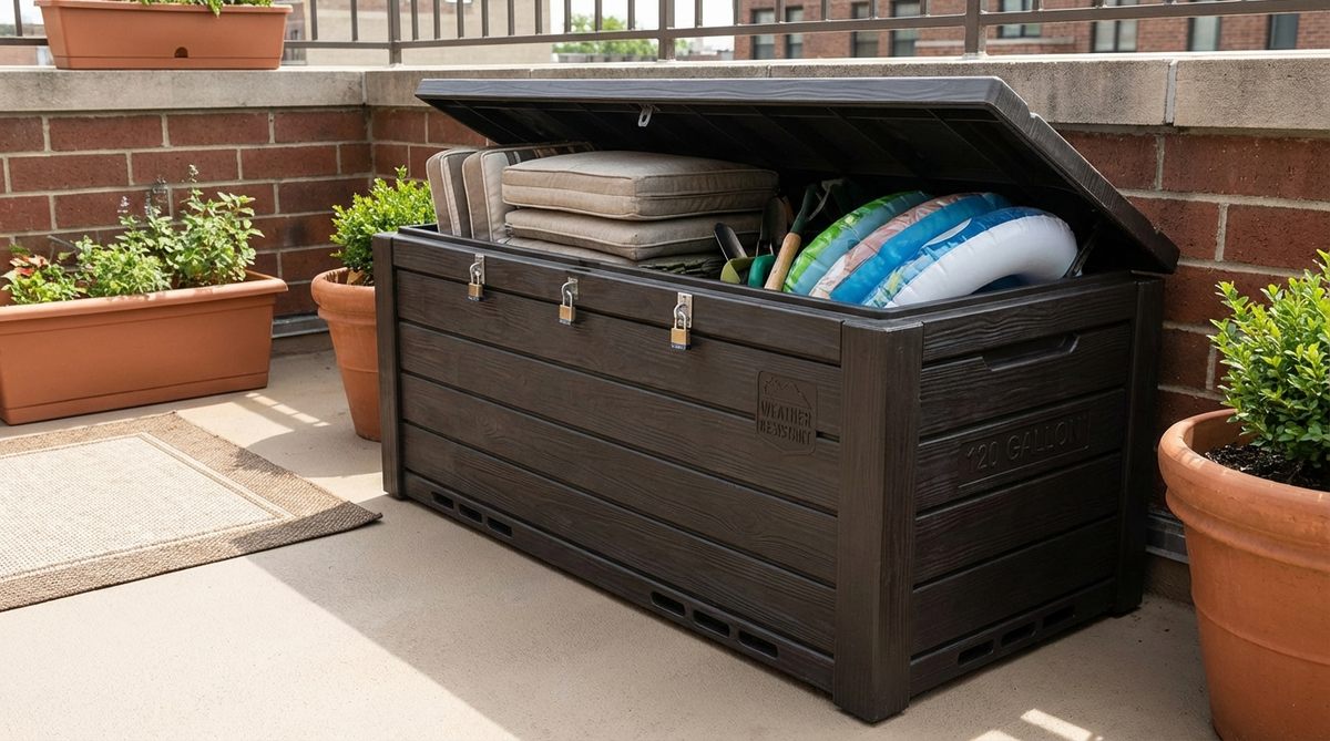 A horizontal deck box with a reinforced lid that doubles as bench seating for 2-3 people, featuring lockable lids for security, ventilation slots to prevent moisture buildup, and a capacity of up to 120 gallons for storing pool accessories, outdoor toys, or seasonal decorations on urban balconies.