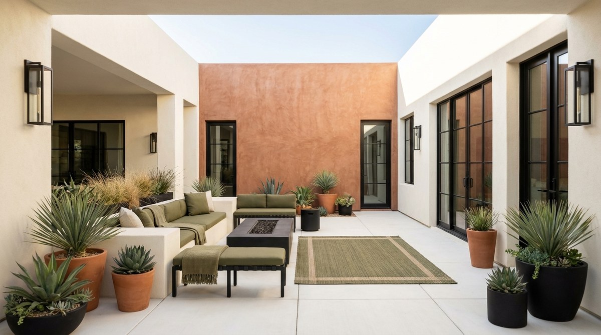 A minimalist desert modern interior featuring terracotta clay accent walls, creamy white dominant neutral tones, black metal fixtures, and olive green plants and textiles. The contemporary aesthetic showcases high contrast between warm terracotta and crisp white in an open-plan space with abundant natural light.