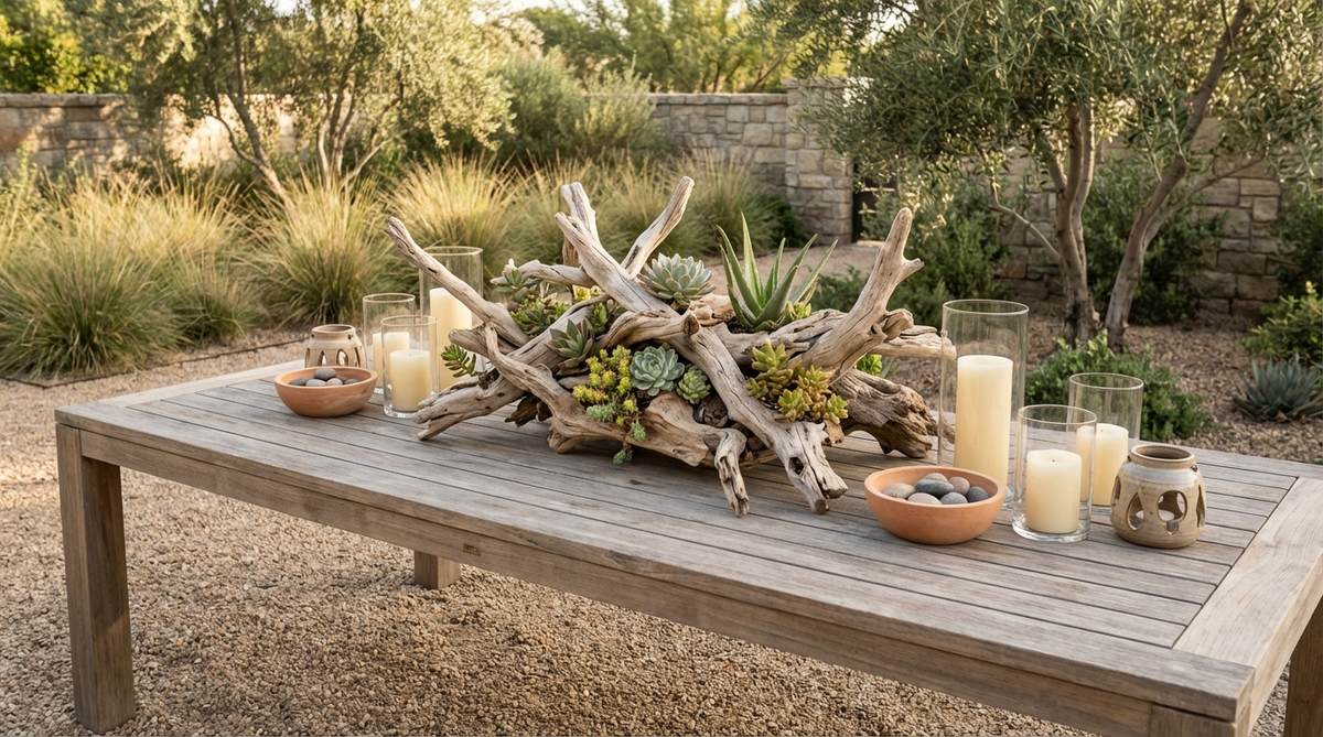 A modern garden table featuring a natural arrangement of weathered driftwood pieces with small succulent plants nestled in crevices, creating an organic sculpture. This drought-tolerant tablescape includes candles and decorative elements, ideal for arid climates and extended outdoor seasons.