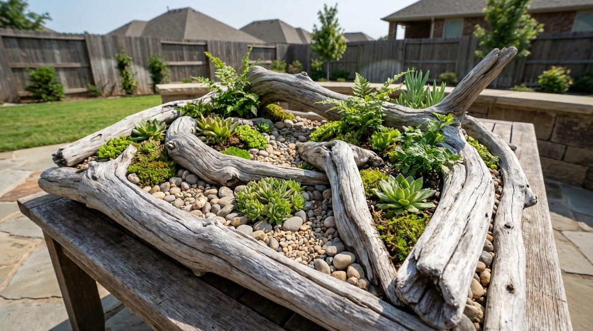 A close-up image of weathered driftwood pieces used as sculptural section dividers in a mini garden or terrarium. The smooth, bleached surfaces and organic curves create natural boundaries that add character and focal points, with silver-gray tones complementing green plants and neutral substrates.