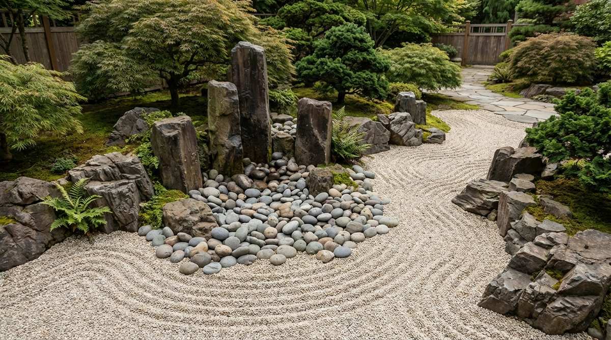 A Japanese garden scene showing smooth river stones arranged at the base of vertical rock groupings to simulate a waterfall's pool, surrounded by raked gravel flowing outward in multiple directions, highlighting the contrast between rounded and angular stones to evoke the effect of water erosion over time.