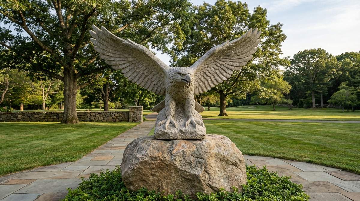 A stone carving of an eagle with spread wings, showcasing a powerful wingspan of four to six feet, fierce expression, and taloned feet. Ideal for mounting on tall pedestals, gate pillars, or boulders as a statement piece or property marker in expansive landscapes. Made from weather-resistant granite to withstand wind stress, with structural considerations for durability.