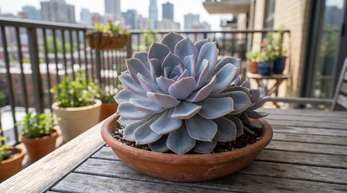 A close-up photo of a rosette-forming echeveria succulent with powdery pastel hues ranging from blue-gray to pink, arranged in a shallow bowl on an urban balcony. The low-profile plant showcases geometric patterns, ideal for wind-resistant balcony gardening and creating living art displays. The image highlights its suitability for urban settings, with tips for frost protection in colder zones.