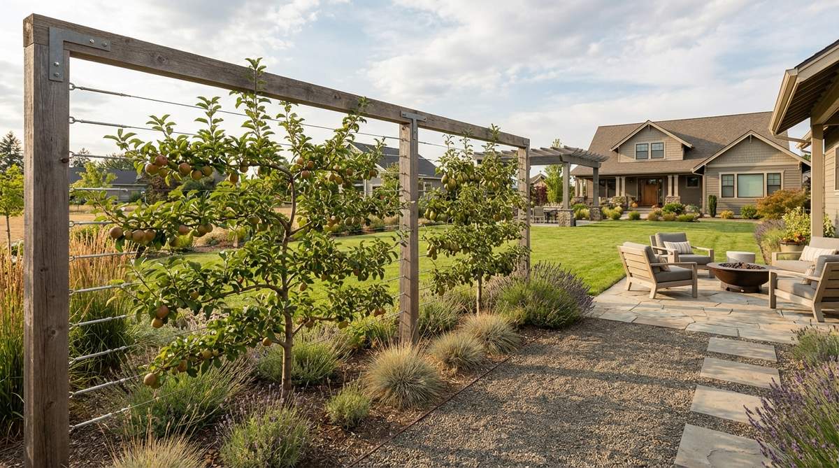A contemporary garden fence with horizontal galvanized wires tensioned between posts, supporting espalier-trained fruit trees like apple, pear, or citrus varieties. The trees are pruned into flat two-dimensional forms against the fence, creating an architectural pattern that maximizes fruit production in minimal space.