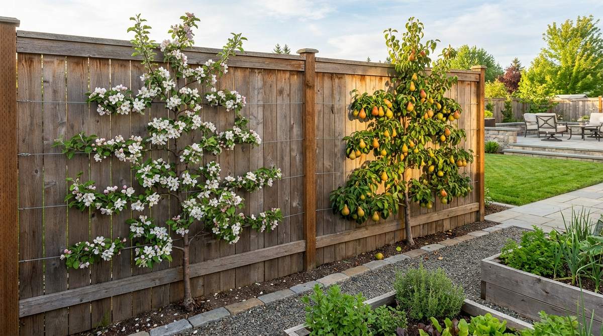 A vertical fruit tree trained flat against a garden fence with horizontal wire supports, showing spring blossoms and autumn harvests for space-efficient edible landscaping.