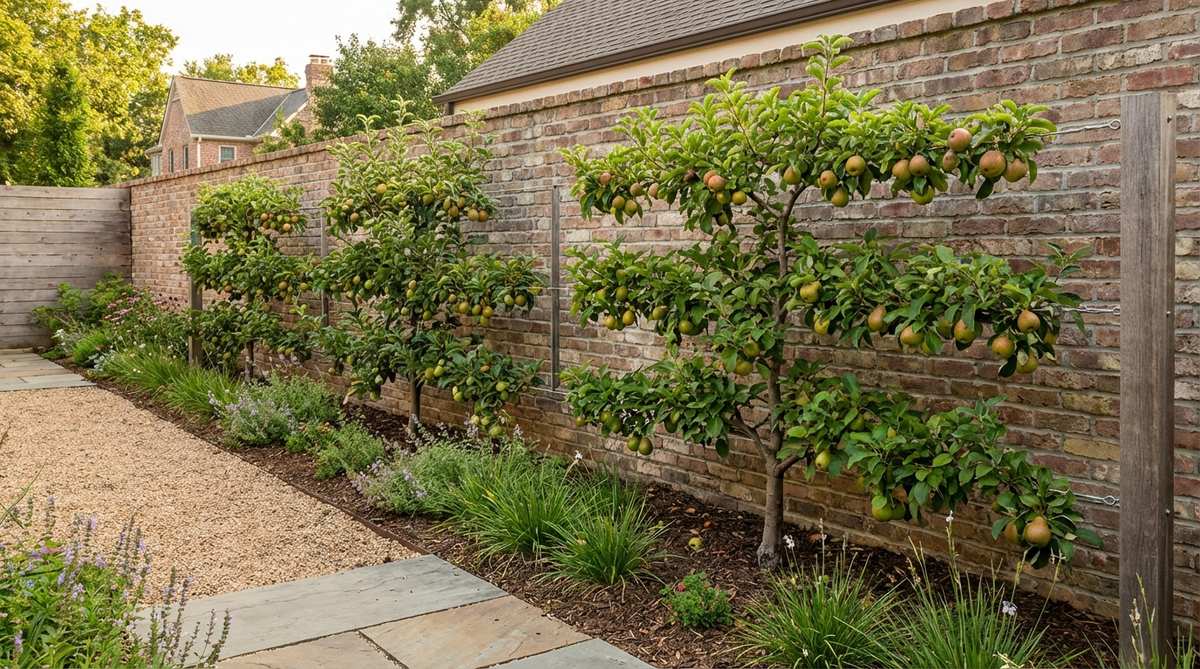 A narrow garden bed positioned against a wall with fruit trees trained in a flat, two-dimensional espalier pattern, supported by horizontal wires, showcasing compact growth and architectural interest in a modern garden setting.