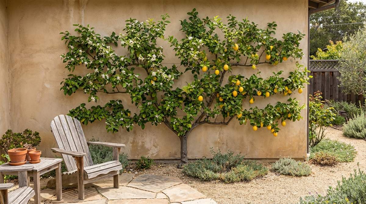 A trained citrus tree growing flat against a sunny courtyard wall, showcasing the espalier technique that saves floor space while producing blossoms and fruit, ideal for small garden designs.