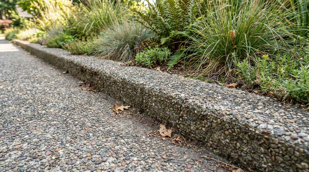A close-up view of an exposed aggregate concrete border in a modern garden, showcasing the textured surface with decorative pea gravel and crushed granite. The rough, slip-resistant finish adds visual interest and tactile dimension, complementing naturalistic plantings and providing traction along sloped pathways.
