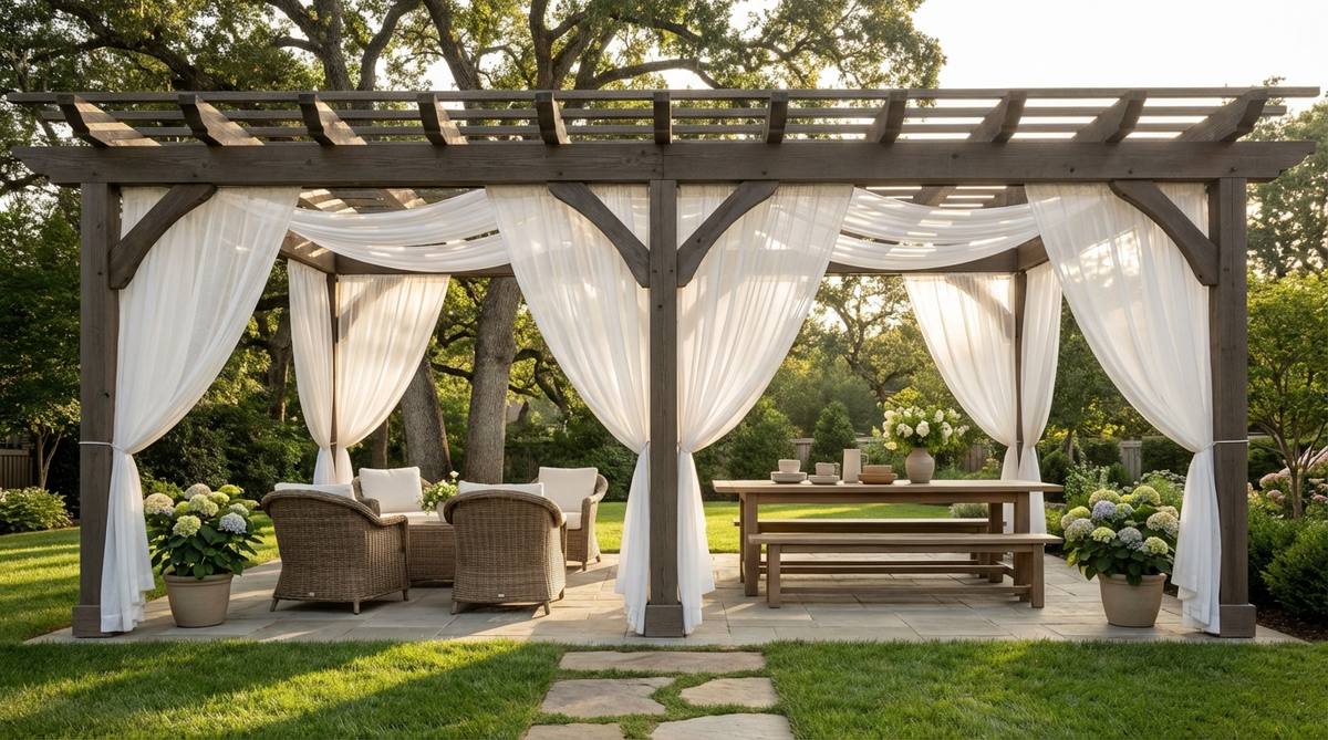 A fabric-draped pergola canopy with sheer outdoor fabrics suspended from beams, creating filtered shade and elegant garden party decor with white or ivory sheers for ethereal effects.