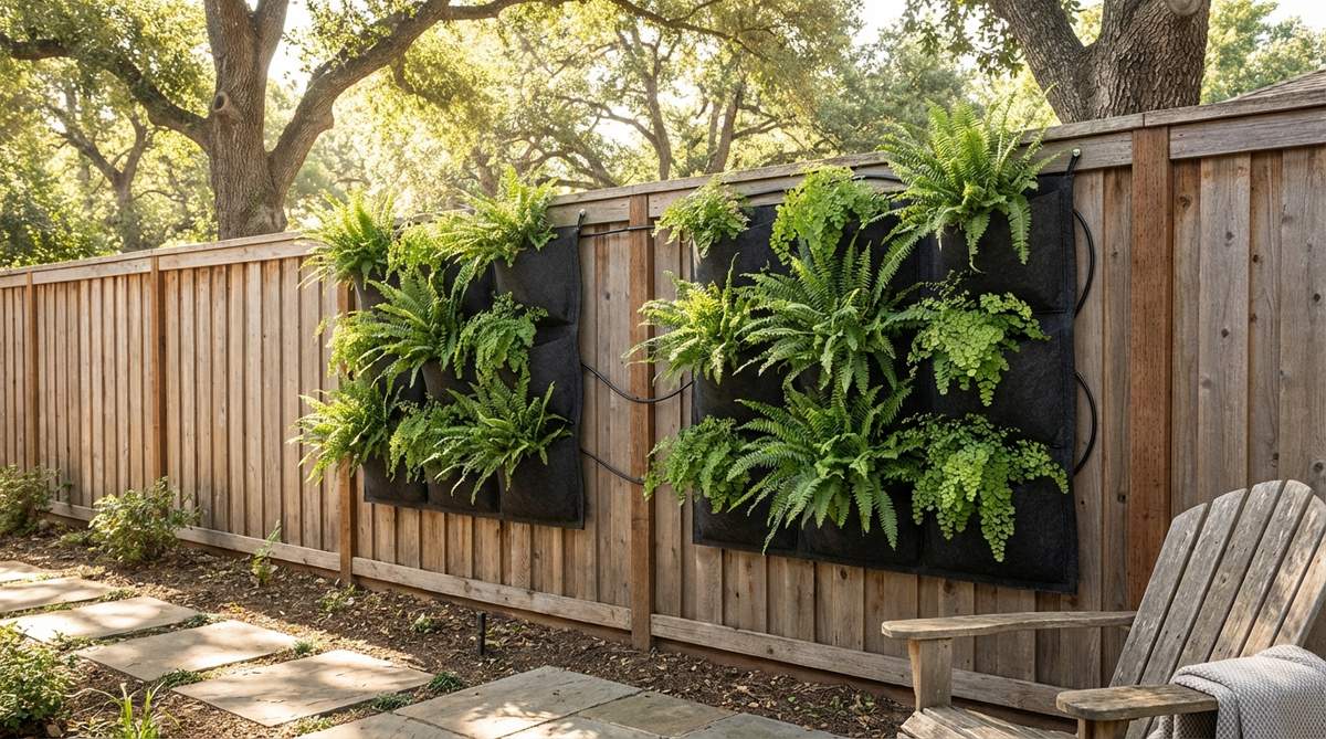 A modular wall panel system featuring felt pockets mounted on fence panels, housing Boston ferns and maidenhair varieties. The layered greenery softens harsh boundary lines, with drip irrigation installed behind panels for even moisture distribution. Ideal for outdoor decor in spring, these ferns thrive in morning sun and afternoon shade for optimal frond development.