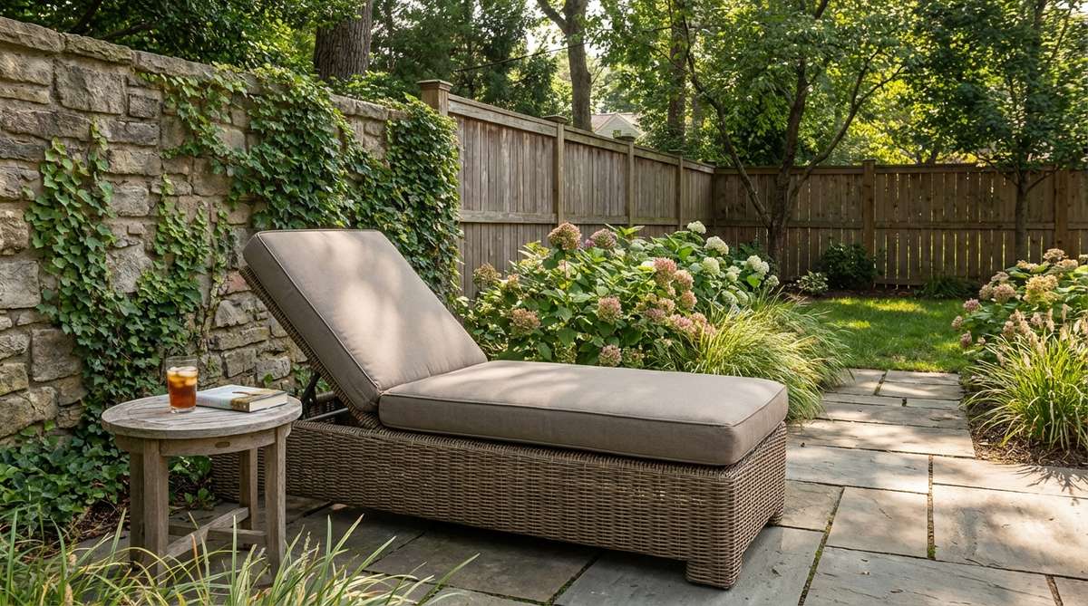 A cozy bohemian-style arrangement of 3-5 oversized outdoor floor cushions layered directly on a weather-resistant outdoor rug in a covered patio corner, demonstrating flexible stacking options for garden furniture.