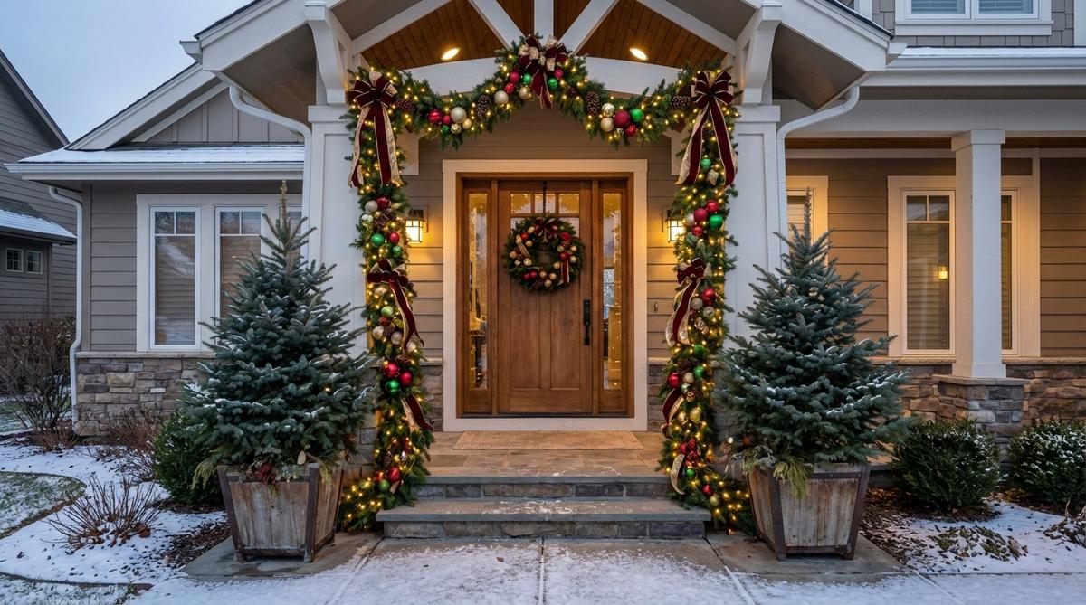 A beautifully decorated outdoor Christmas doorway with lush garland draped around the frame, creating a living picture frame effect. The greenery is enhanced with integrated lights, ribbon accents, and ornament clusters, emphasizing the entrance architecture for festive holiday styling.