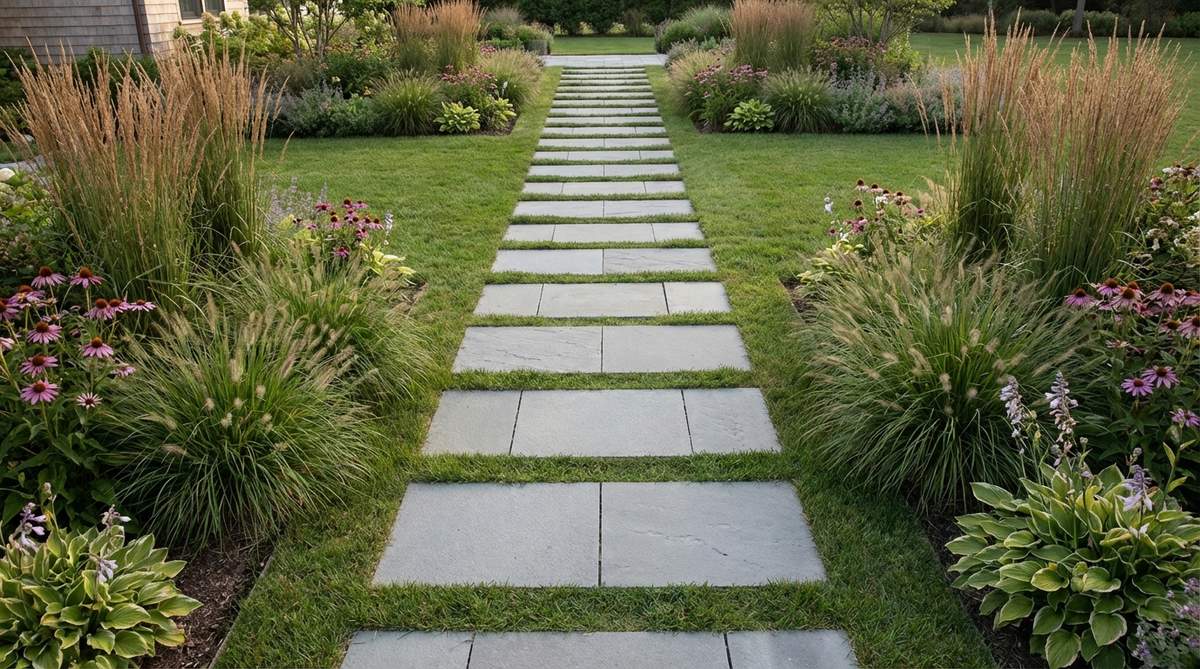 A contemporary garden path featuring square or hexagonal cut stones arranged in a precise stepping sequence. The uniform geometric stones create an orderly progression through the space with consistent spacing for comfortable walking. Clean edges of the stones contrast beautifully with surrounding ornamental grasses and perennial plantings, demonstrating how geometric forms integrate with modern garden design.