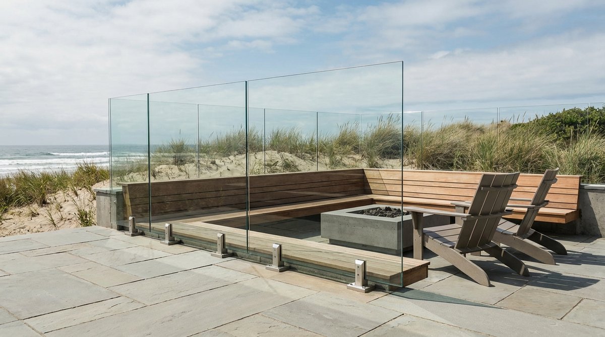 A minimalist garden featuring a frameless glass panel wind barrier that protects seating areas from wind while maintaining unobstructed views, with ground-mounted brackets for secure installation, ideal for coastal locations.