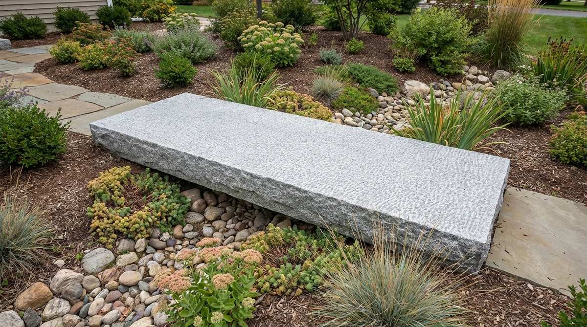 A hand-carved granite plank bridge with silver-gray coloration and bush-hammered top surface for traction, shown in a mini garden installation. This zero-maintenance, investment-grade bridge complements various planting palettes and requires professional placement for spans over 5 feet.