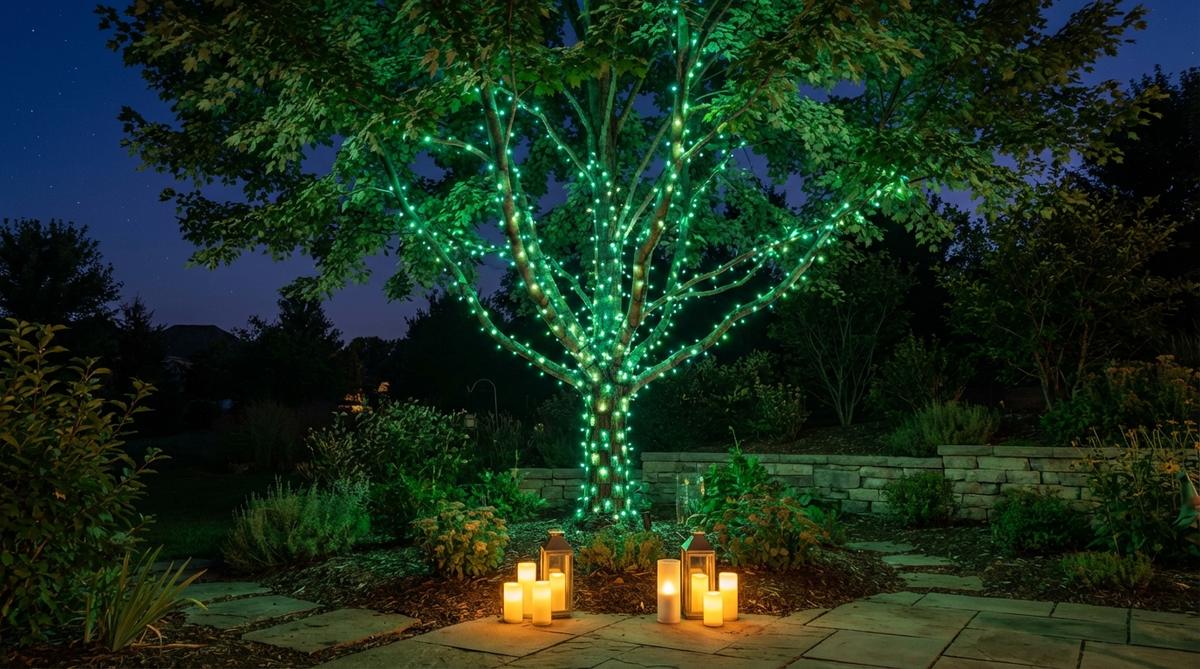 A tree illuminated by green LED lights outlining its silhouette against a night sky, creating a glowing architectural effect with depth from dark forest green and lime green shades, accompanied by battery-operated candles at the base for layered lighting in an outdoor garden setting.