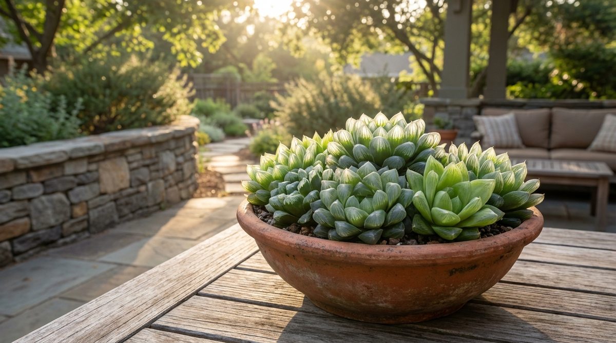 A collection of translucent-leaved Haworthia succulents including cooperi, truncata, and cymbiformis varieties arranged in a single container. The distinctive windowed foliage is illuminated by morning sun, showcasing their architectural beauty in a compact mini garden suitable for bright indirect light conditions.