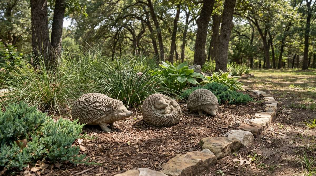 A charming garden decor set featuring multiple hedgehog figures in various poses, such as walking, curled, and sniffing, creating an endearing ground-level scene. With textured finishes that highlight their characteristic spines, this hedgehog family cluster is perfect for nestling at the base of shrubs or along garden borders, especially appealing to wildlife-friendly gardens in rural areas.