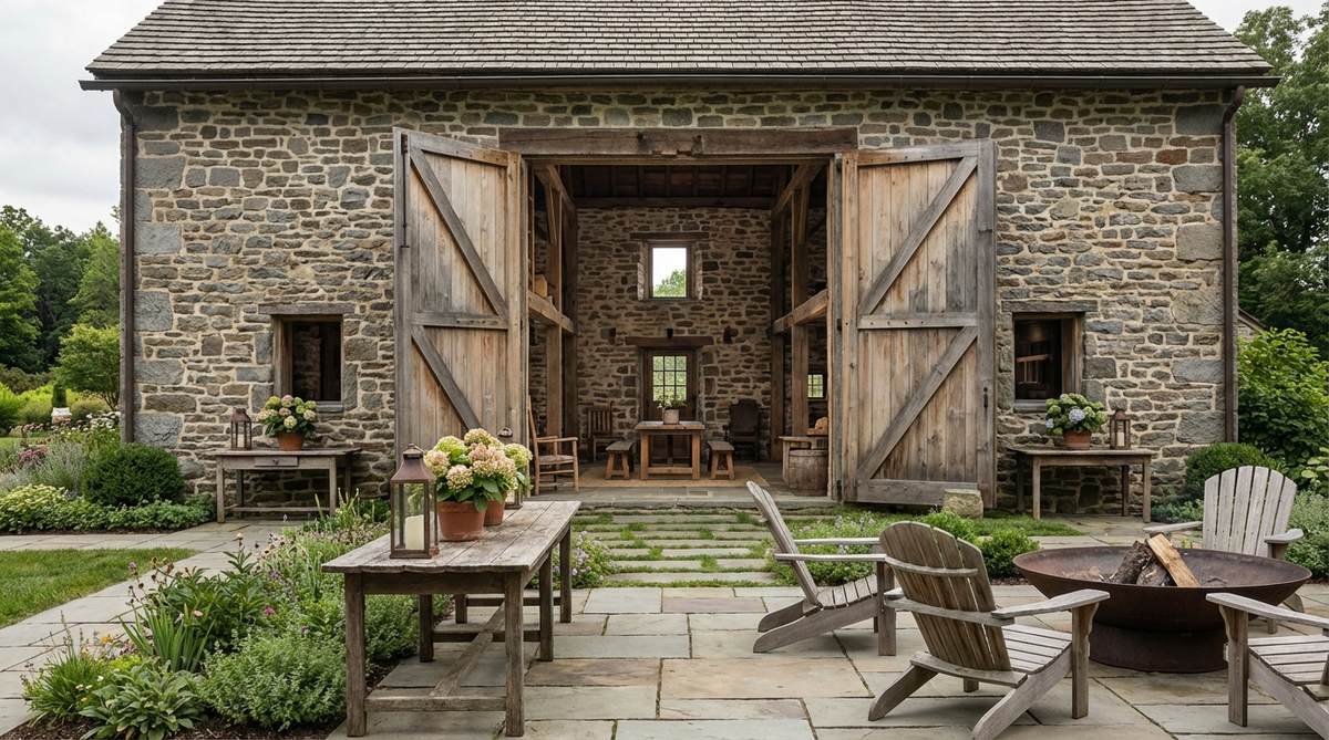 A beautifully converted historic stone barn wedding venue featuring original timber beams, thick stone walls, and rustic textures. The space showcases natural climate control, dramatic lighting from large wooden doors and small windows, and a harmonious color palette of stone grays and browns with weathered wood tones.