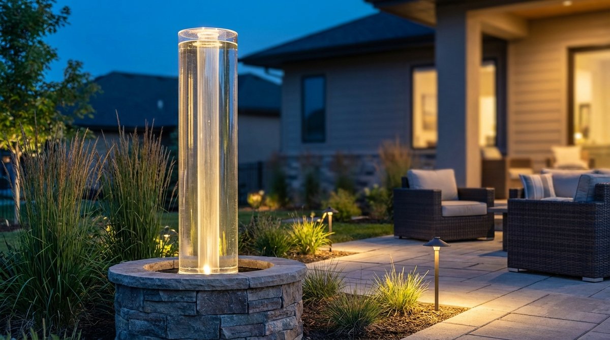 A modern garden fountain featuring a transparent hollow column with water flowing internally, showcasing laminar flow patterns and illuminated by LED lights at night. The enclosed design protects the water stream from wind and debris while reducing evaporation.