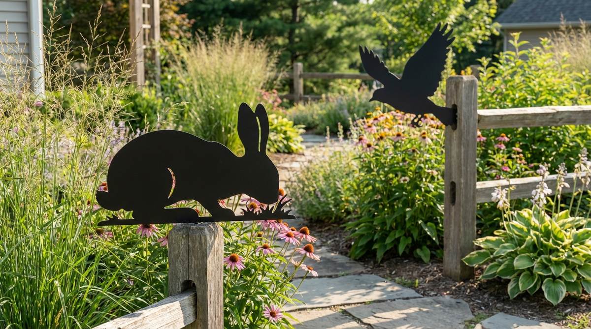 A flat-cut iron or steel animal silhouette used as whimsical garden decor, featuring two-dimensional profiles that can be mounted on stakes, fence posts, or walls to create movement and visual interest in landscapes, with options for powder coating in customizable colors.