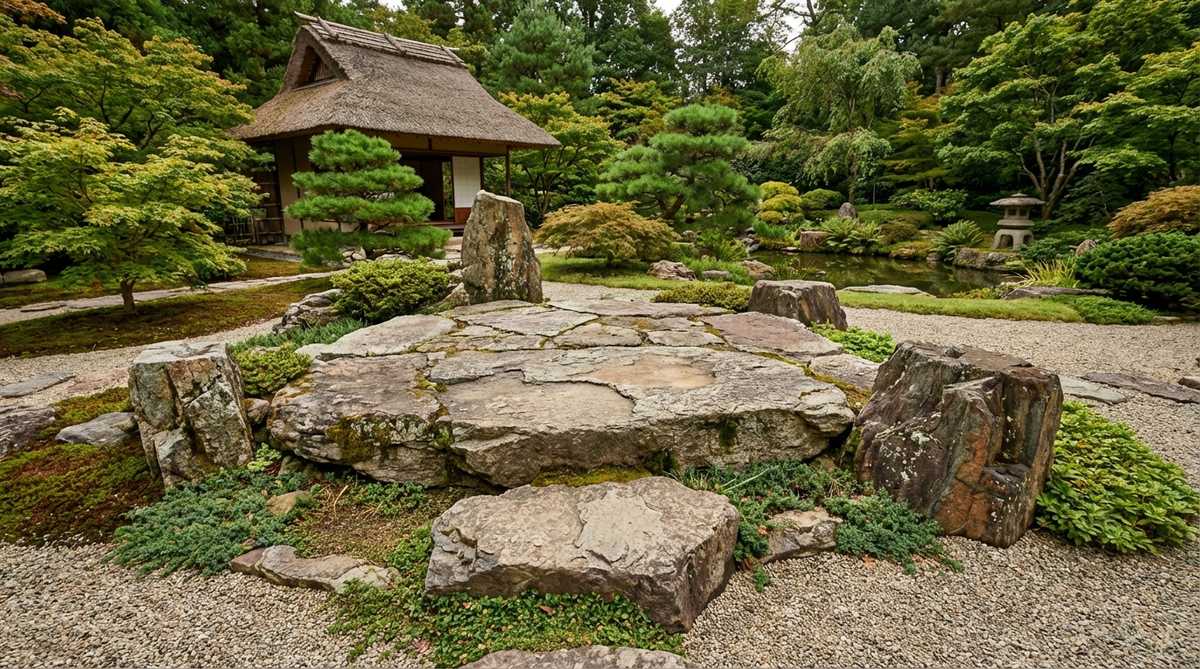 An irregular stone base platform in a Japanese garden, showcasing naturally-shaped foundation stones that preserve weathered surfaces and natural fracture planes, reflecting tea masters' preference for raw material character over geometric uniformity.