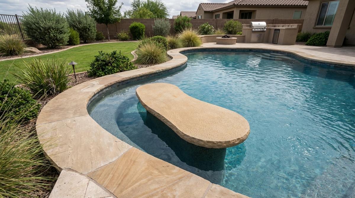 A curved stone bench designed to complement the organic shape of a kidney-shaped pool, featuring a non-slip honed finish for safety in wet areas, partially submerged to blend seamlessly with the water feature.