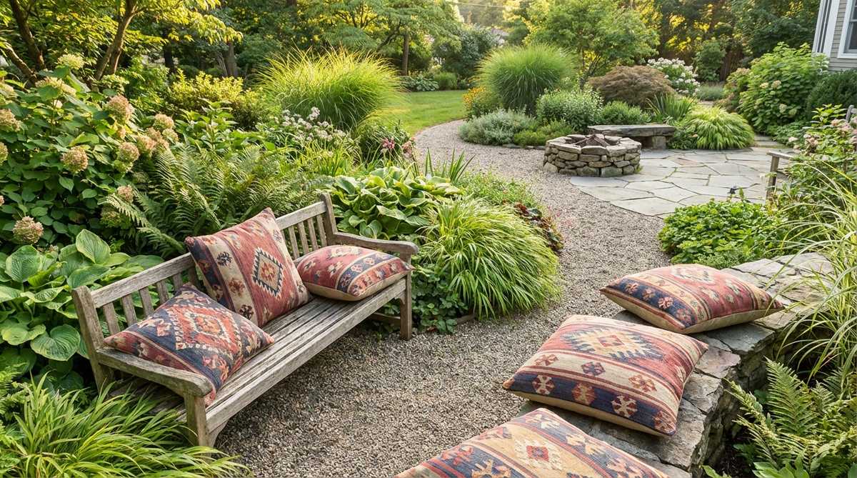 Traditional kilim cushion covers with geometric tribal patterns, flat-woven technique and vegetable-dyed colors, providing authentic cultural heritage and strong visual contrast against organic garden forms.
