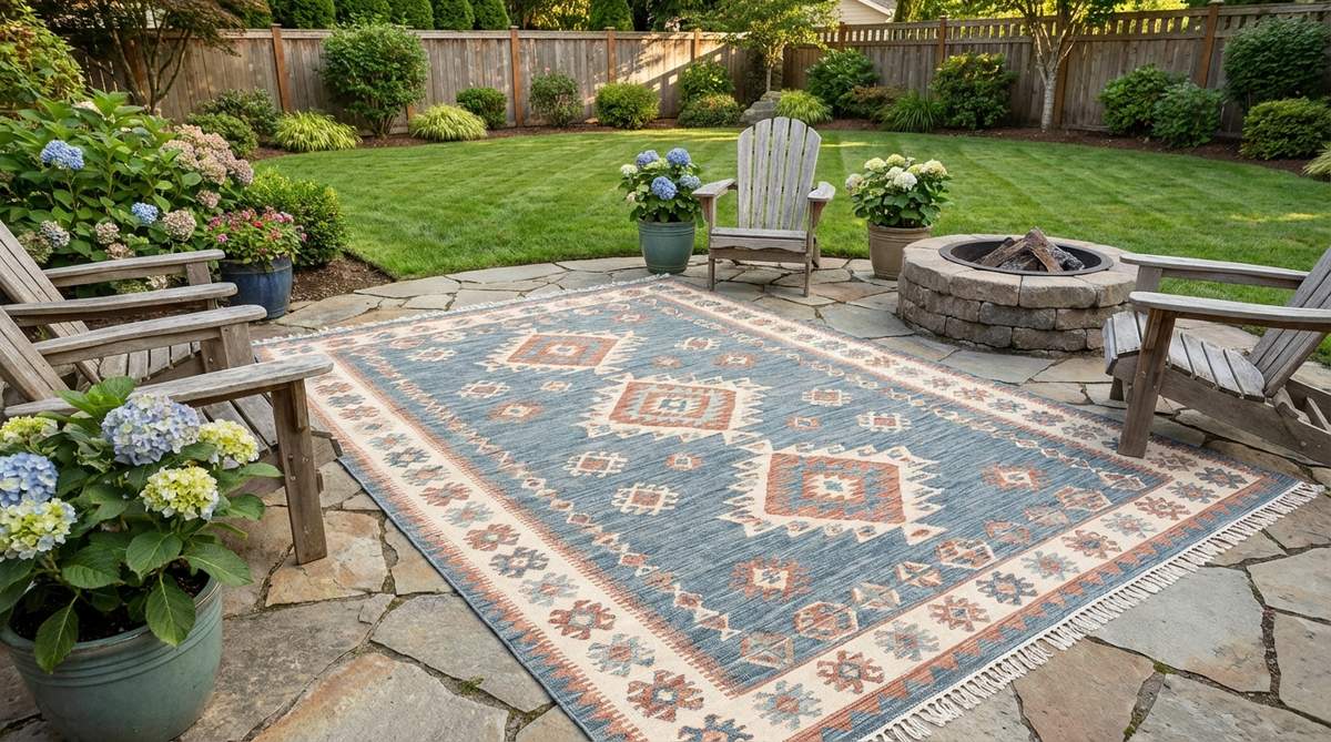 A flat-woven polypropylene kilim rug featuring geometric tribal patterns, ideal for outdoor use with weather-resistant properties and low-pile construction for safety and comfort.