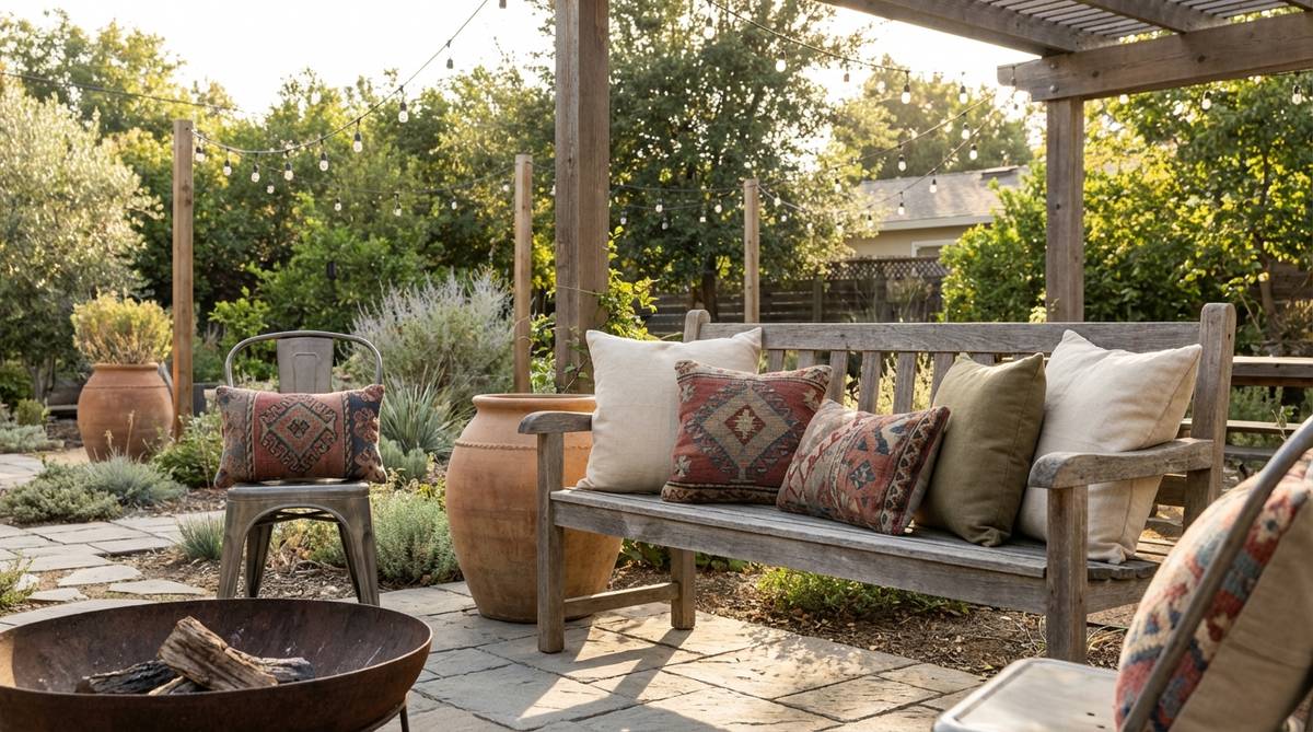 Vintage kilim pillows with traditional geometric patterns, adding color and handcrafted authenticity to industrial boho decor. Mixed sizes and patterns create an eclectic bohemian feel, balanced with solid-colored cushions in natural linen or cotton.