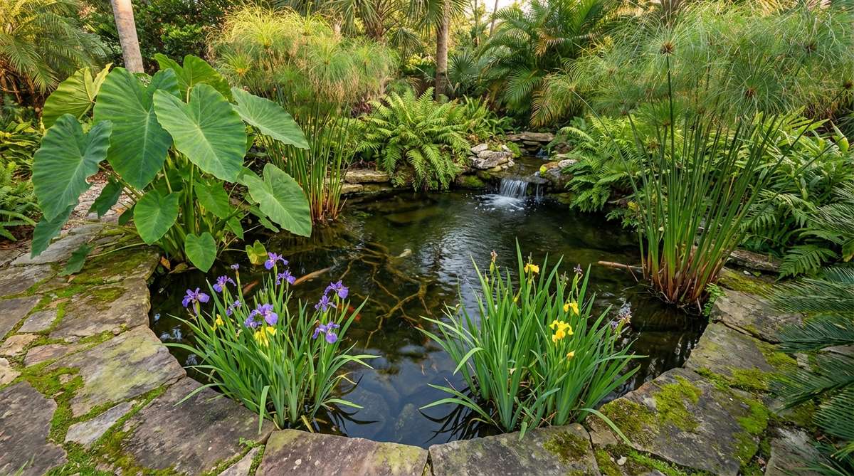 A naturalistic koi pond in a tropical garden, surrounded by large elephant ear plants and papyrus, with flat stones edging the water and water-loving irises and pickerel rush adding vertical variation. This design creates a serene centerpiece with shade for fish and soothing water movement.