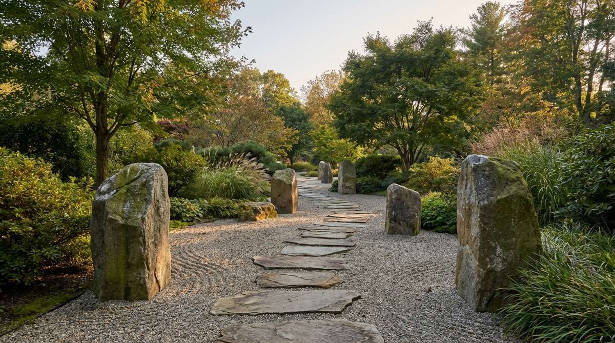 A serene Zen garden pathway featuring flat natural stone slabs as walking surfaces, with substantial upright boulders positioned at intervals to suggest traditional lantern placement points. The vertical accent stones stand 2-3 feet tall and are spaced 10-15 feet apart along the route, creating a rhythmic guide for movement reminiscent of Japanese garden paths where stone lanterns illuminate the way.
