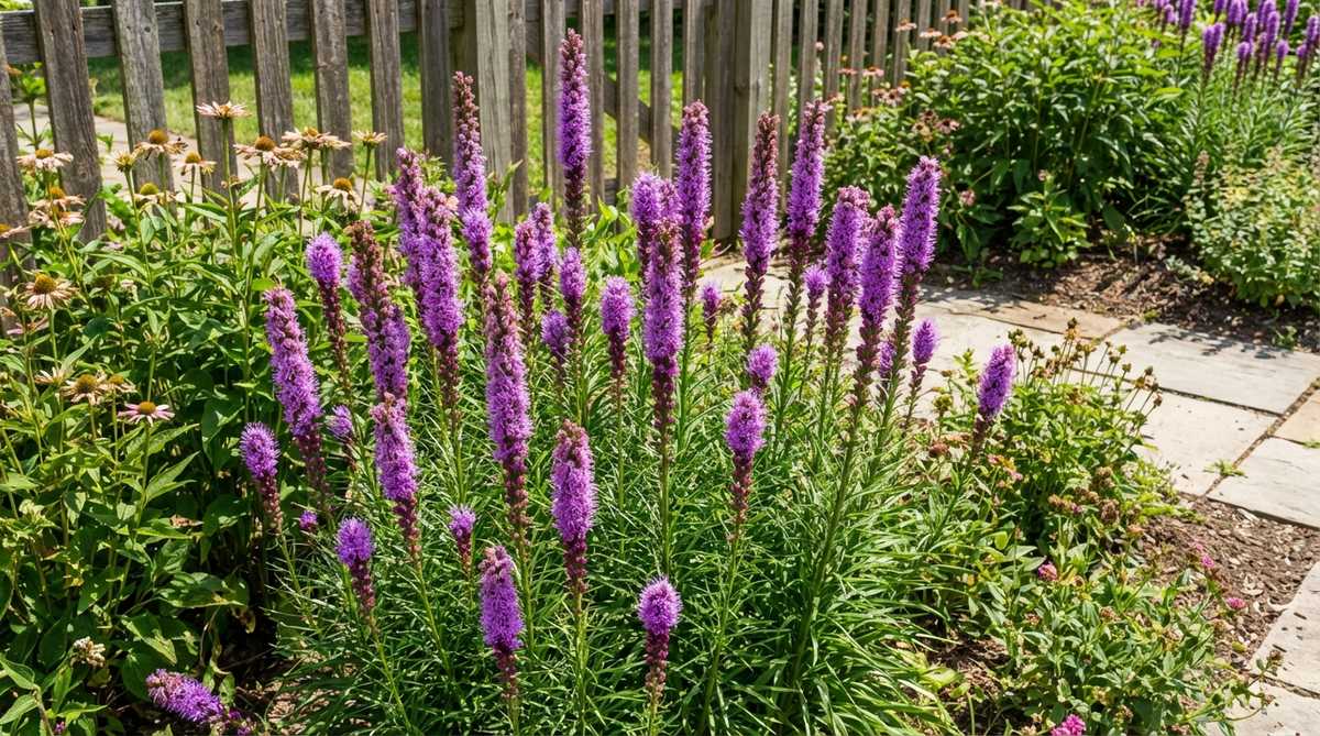Close-up of Liatris prairie verticals showing poker-like spikes blooming from top to bottom in a small garden cottage setting. The narrow, upright plants reach 2-4 feet tall with grasslike foliage, ideal for tight spaces. Planted in groups to create vertical drama with midsummer blooms filling gaps between spring and late-summer flowers.