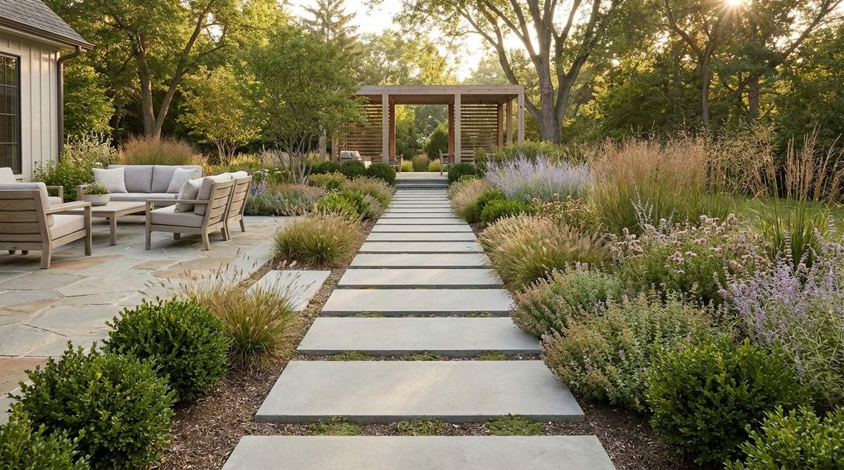 A minimalist garden path with identical stepping stones arranged in a perfect linear sequence, creating a strong directional pull toward a destination point. The rigid geometry contrasts with organic plantings, connecting architectural elements like a patio to a garden structure, suitable for modernist landscape design.