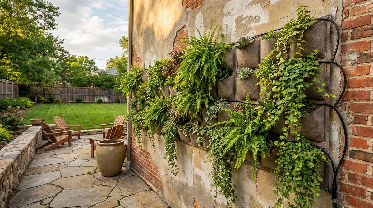 A vibrant living plant wall installation showing modular pocket systems with trailing plants creating textured greenery on an exterior wall. The image illustrates how these living walls can transform blank walls into garden features with proper irrigation and plant selection.
