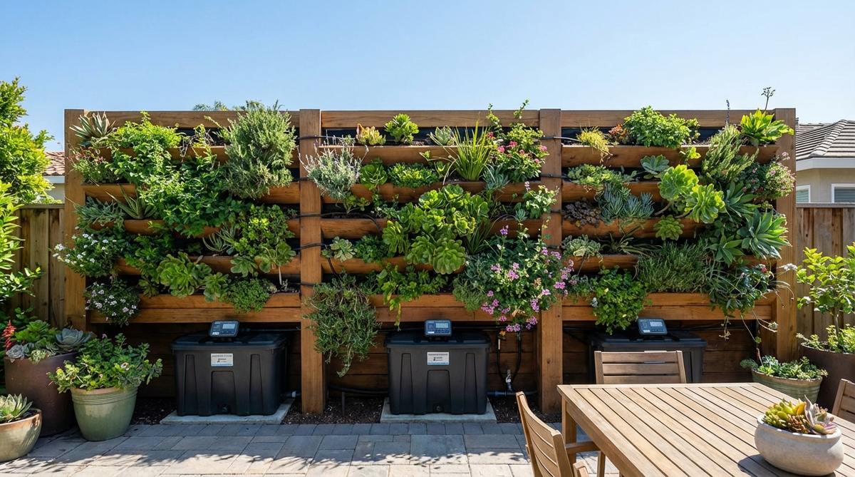 A professionally designed outdoor living wall featuring an integrated automatic irrigation system with timers, drip lines, and reservoir tanks for consistent moisture distribution across all planting zones.