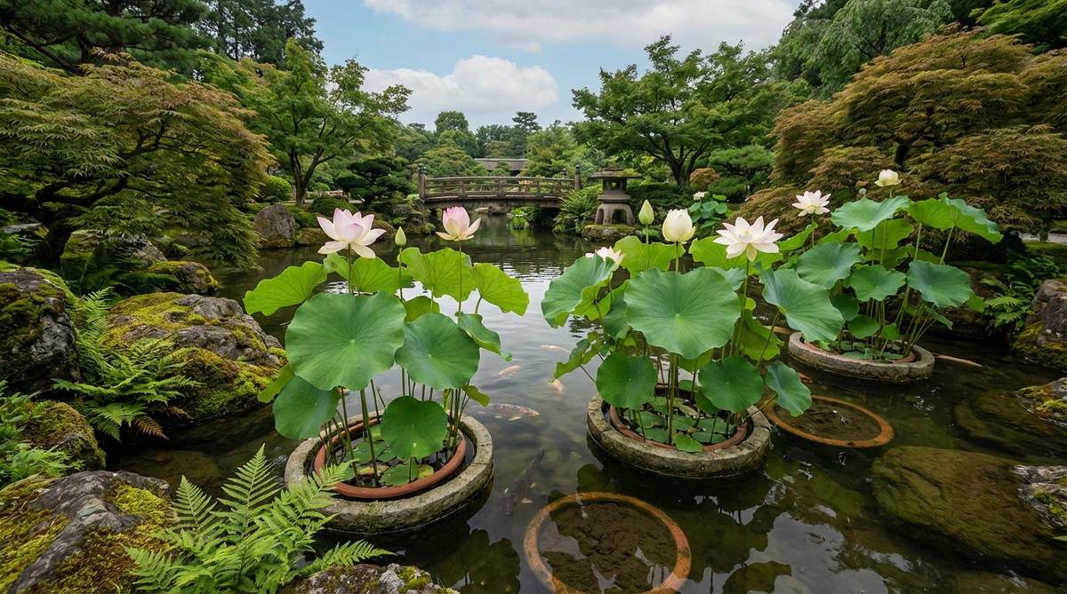A serene view of sacred lotus plants in a Japanese garden pond, featuring distinctive circular leaves and iconic flowers symbolizing purity, with large submerged pots containing heavy clay soil to manage growth and prevent koi disturbance.