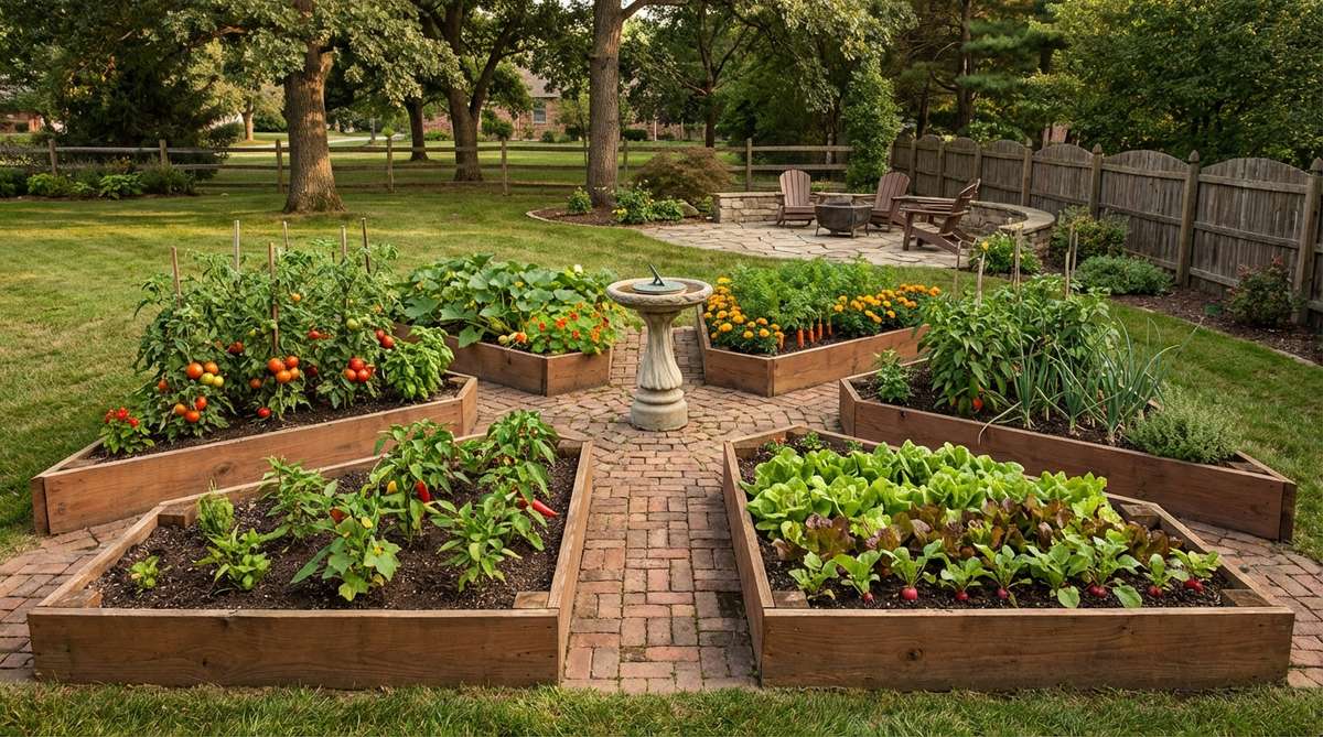 A symmetrical mini garden bed with 6-8 wedge-shaped beds radiating from a central point, featuring decorative elements like a sundial or birdbath, designed for crop rotation and companion planting in distinct zones.