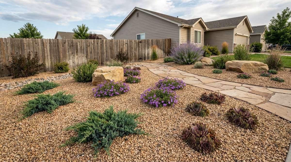 A water-wise landscape featuring low junipers, rock purslane, and hens-and-chickens as evergreen groundcover, planted on 12-18 inch centers with pea gravel mulch, requiring no mowing and minimal irrigation.