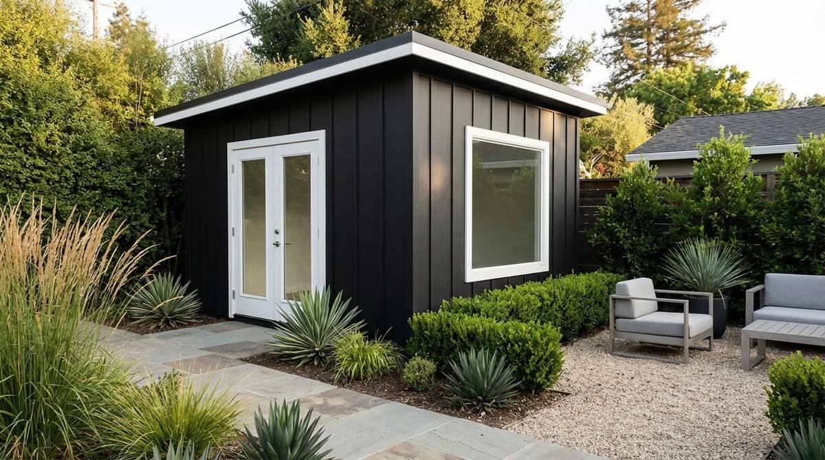 A modern garden shed with flat black siding creating dramatic contrast against green plantings. The monochromatic design emphasizes form and proportion, featuring white trim on doors and window frames for crisp definition. This architectural statement piece excels in contemporary landscapes with architectural plantings and hardscaping.