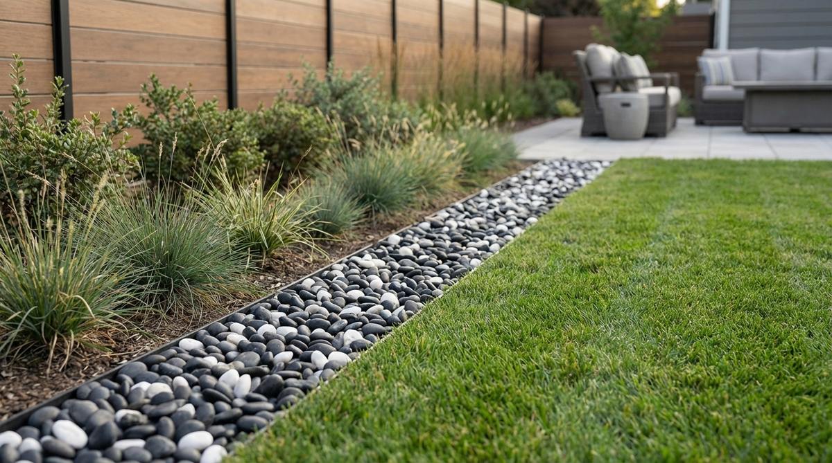 A contemporary garden edging featuring uniformly smooth black, white, or mixed Mexican beach pebbles arranged in a clean 4-6 inch band. The consistent 2-3 inch pebble size creates a refined, monochromatic statement that works well in modern landscapes. The dark-colored pebbles absorb heat, making this edging suitable for cool-season zones.