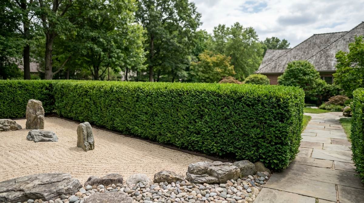 A tightly clipped boxwood or Japanese holly hedge forming a living wall that defines the edge of a zen garden, with uniform green foliage contrasting against neutral sand and stone tones, maintained at 2 to 3 feet height for geometric precision.