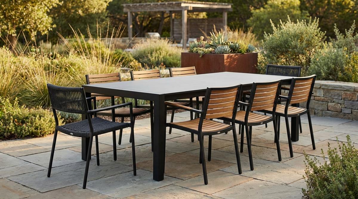 A clean-lined minimalist metal table in a contemporary garden, surrounded by chairs featuring mixed materials such as wood, rope, and powder-coated frames. The blend of textures creates a layered, designer look without visual clutter, with chairs curated in the same color family, like black metal frames with varied seat treatments, keeping the tabletop free of pattern to highlight the eclectic yet edited aesthetic.