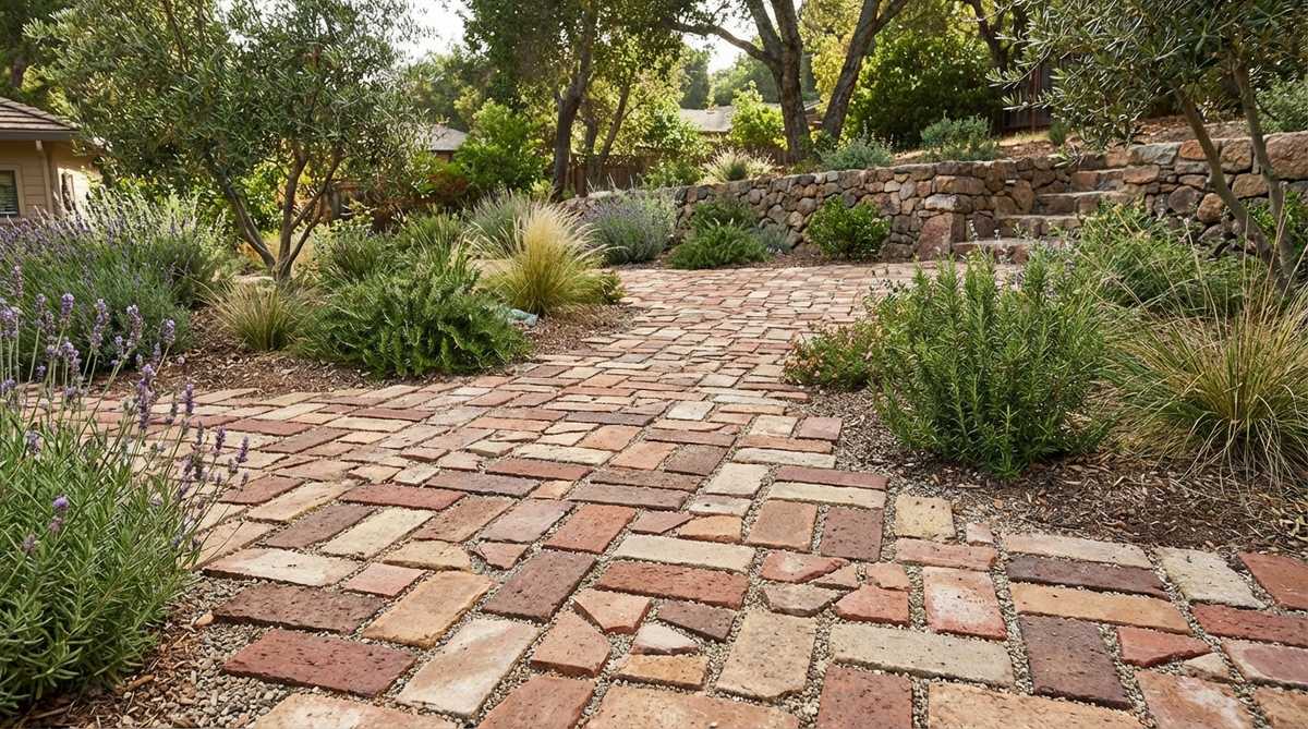 A detailed view of a garden pathway or patio featuring a mixed-size mosaic brick pattern. The design combines full bricks with half and quarter sizes arranged in an irregular, organic pattern reminiscent of European courtyards. The random placement creates natural texture while efficiently utilizing leftover materials. Larger pieces establish the primary structure with smaller fragments filling gaps, all maintaining consistent joint widths for a cohesive appearance. This freeform approach suits Mediterranean and Spanish Colonial garden styles where the intentional imperfection adds authenticity, transforming salvaged bricks into a deliberate design feature.