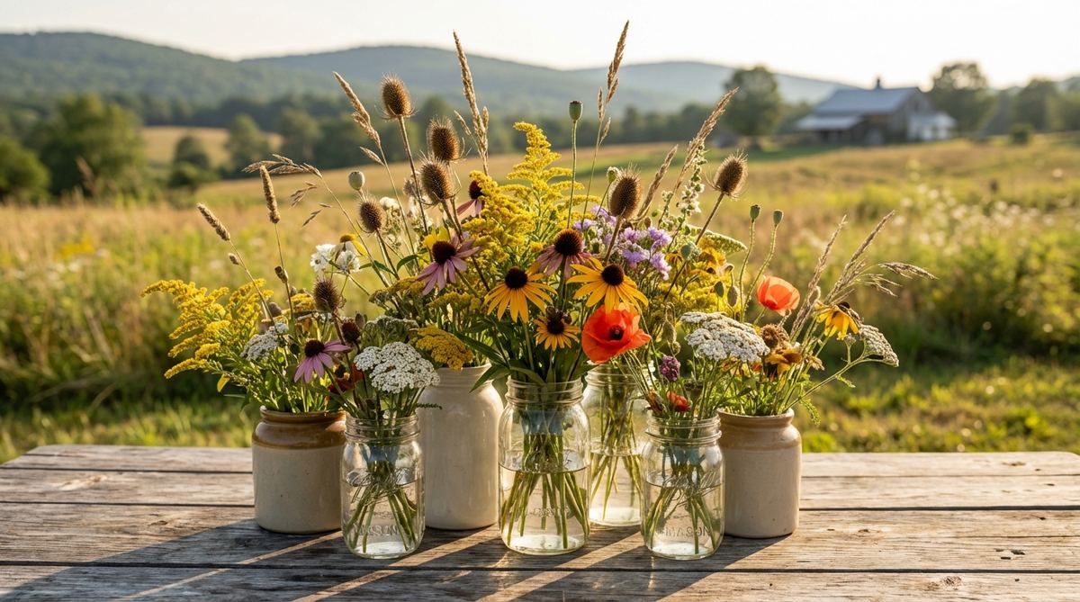 A loose, dome-shaped arrangement of mixed wildflowers mimicking natural meadow growth, with varying heights, seed heads, and simple containers like mason jars for a boho wedding aesthetic.